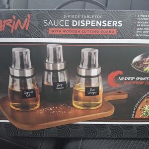 Parini Sauce 3 Piece SaucDispensers with Wooden Cutting Board - Black and Silver